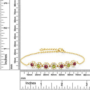 Gem Stone King 1.22 Ct Pink Tourmaline Green Peridot 18K Yellow Gold Plated Silver 7 Inch Tennis Bracelet with 2 Inch Extender