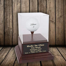 Load image into Gallery viewer, Eureka Golf Products Acrylic Hole in One Display with Wood Base (Cherry-Black Plate)
