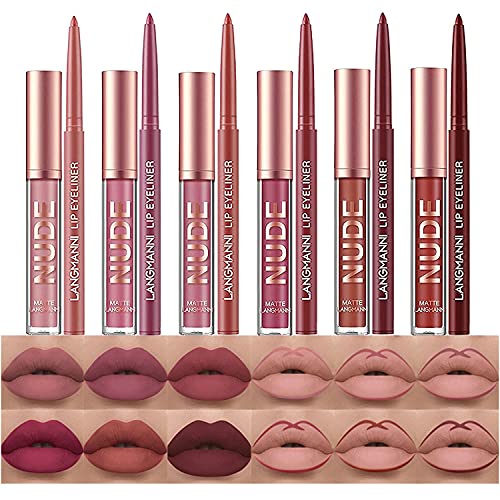 12Pcs Matte Liquid Lipstick + Lip Liner Pens Set, One Step Lips Makeup Kits Pigment Velvety Nude Lip Stain Waterproof Long Wear Lip Gloss Make up Gift Set