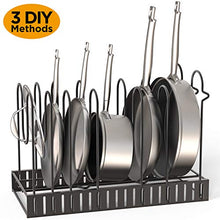 Load image into Gallery viewer, GeekDigg Pot Rack Organizer under Cabinet, 3 DIY Methods, Height and Position are Adjustable 8+ Pots Lid Holder, Black Metal Kitchen Pantry Cookware Organizer (Upgraded Version)
