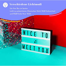 Load image into Gallery viewer, My Cinema Lightbox - RGB Color Changing Cinema Light Box Mini - 100 LED Light Letters and Numbers - Personalized Neon Signs as Novelty Lighting, Your own Light Box Sign, Marquee Light Up Letters Box
