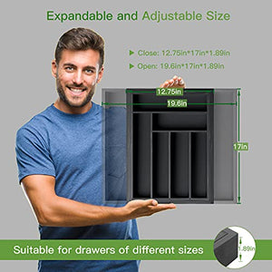 Bamboo Expandable Drawer Organizer for Utensils Holder, Adjustable Cutlery Tray, Wood Drawer Dividers Organizer for Silverware, Flatware, Knives in Kitchen, Bedroom, Living Room by Pipishell (Black)