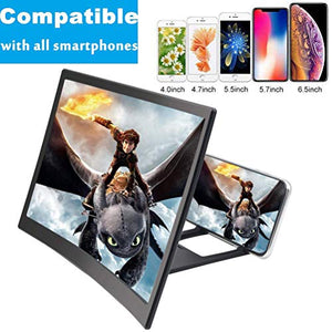 Cinyiuze 12'' 3D Curved Screen Magnifier for Mobile Phone, HD Magnifier Projector Screen Enlarger for Videos, Movies, Games, Foldable Phone Stand with Screen Amplifier, Compatible with All Smartphones