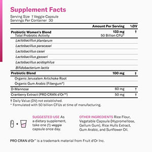 Prebiotics & Probiotics for Women - Clinically Proven ProCran - Organic Prebiotics, 50 Billion CFU, D-Mannose & Cranberry for Digestive, Immune, Feminine Health, Soy & Dairy Free, 30 Vegan Capsules
