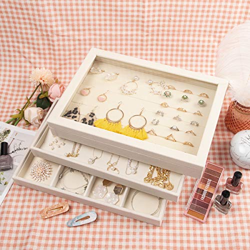 Load image into Gallery viewer, Mebbay Stackable White Jewelry Trays Organizer Set with Clear Lid Jewelry Storage Display Trays for Drawer, Earring Necklace Bracelet Ring Organizer, Set of 4