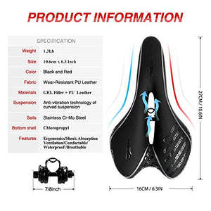 Comfortable Bike Seat Men Woman, Mountain Bicycle Saddle Padded Gel Comfort Road Exercise Bikes Cushion Waterproof Shock Absorbing Pain Relief Breathable - grey