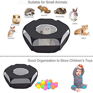 Motley Small Animal Playpen with Cover,Foldable Portable Pet Cage,Waterproof Breathable Transparent Indoor Outdoor Use Yard Fence Tent for Rabbit, Squirrel,Kitten,Puppy,Chinchilla and Hedgehog(Black)