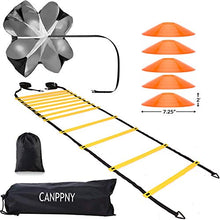 Load image into Gallery viewer, CANPPNY Speed Agility Training Kit—Includes Agility Ladder with Carrying Bag, 5 Disc Cones, Resistance Parachute.Use Equipment to Improve Footwork Any Sport.
