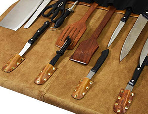 Leather Knife Roll Storage Bag, Elastic and Expandable 10 Pockets, Adjustable/Detachable Shoulder Strap, Travel-Friendly Chef Knife Case Roll By Aaron Leather (Caramel, Leather)
