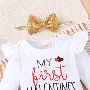 My First Valentine's Day Newborn Baby Girl Outfit Long Sleeve Romper + Valentine's Tutu Skirt + Headband 3PCS Clothing Set (White, 6-12 Months)