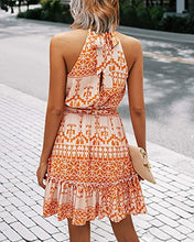 Load image into Gallery viewer, BTFBM Women Floral Dresses Casual Summer Sleeveless Halter Neck Ruffle Belt Boho Polka Dot Leopard Print Sun Short Dress (Floral Yellow, Small)
