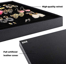 Load image into Gallery viewer, Mebbay Stackable Velvet Jewelry Trays Organizer, Jewelry Storage Display Trays with Full Artificial Leather Cover for Drawer, Earring Necklace Bracelet Ring Organizer, Set of 3 (Black)
