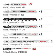 Load image into Gallery viewer, WORKPRO 25-piece T-Shank Jig Saw Blade Set with Storage Case, Made with HCS/HSS/BIM, Assorted Blades for Wood, Plastic and Metal Cutting
