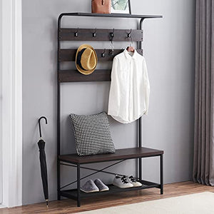 MHAOSEHU Entryway Coat Rack Bench, Modern Hall Tree with Storage Bench, Wood and Metal Hallway Bench with Coat Rack, Espresso 3-in-1 Design