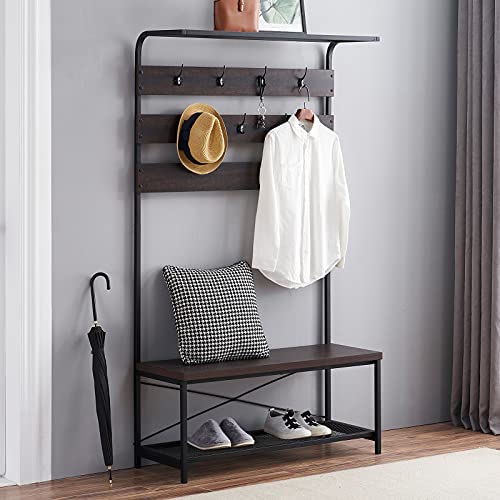 MHAOSEHU Entryway Coat Rack Bench, Modern Hall Tree with Storage Bench, Wood and Metal Hallway Bench with Coat Rack, Espresso 3-in-1 Design