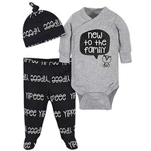 Load image into Gallery viewer, Grow by Gerber Baby Boy&#39;s Organic 3-Piece Onesies Bodysuit, Footed Pant, and Cap Set Pants, Grey/Black/White, Newborn
