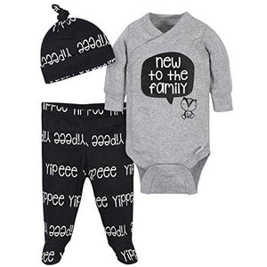 Grow by Gerber Baby Boy's Organic 3-Piece Onesies Bodysuit, Footed Pant, and Cap Set Pants, Grey/Black/White, Newborn