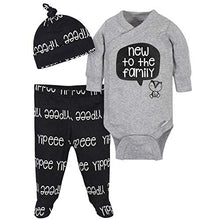 Load image into Gallery viewer, Grow by Gerber Baby Boy's Organic 3-Piece Onesies Bodysuit, Footed Pant, and Cap Set Pants, Grey/Black/White, 6-9 Months

