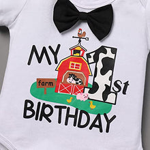 Load image into Gallery viewer, Farm Animals 1st Birthday Outfit Boys Baby Cake Smash Bowtie Romper Suspenders Diaper Covers Shorts First Cow Theme Farm Birthday Party Supplies Decorations for Photo Shoot Black 12-18 Months
