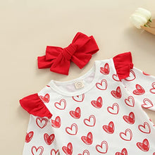 Load image into Gallery viewer, Newborn Baby Girl Valentine's Day Outfits Long Sleeve Ruffle Love Heart Print Romper Bow Pants with Headband Holiday Sets 0-24M (Red, 6-12 Months)
