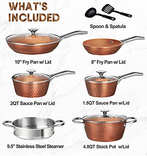 Load image into Gallery viewer, MICHELANGELO Copper Pots and Pans Set, Nonstick Copper Cookware 12 Piece, Hammered Pots and Pans Set, Kitchen Cookware Sets with Fry Pans, Stock Pans, Lids, Cooking Utensils - Induction Compatible