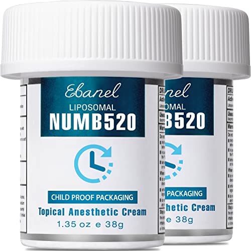 Ebanel 5% Lidocaine Topical Numbing Cream Maximum Strength, 2-Pack of 1.35 Oz, Numb520 Pain Relief Cream Anesthetic Cream Infused with Aloe, Vitamin E, Lecithin, Allantoin, with Child Resistant Cap
