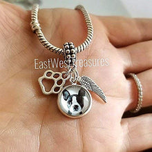 Load image into Gallery viewer, Personalized Boston Terrier Memorial Jewelry gift, Bracelet Necklace Chain with Picture Photo Paw print Angel wing Charm
