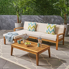 Load image into Gallery viewer, Christopher Knight Home Grenada Sectional Sofa Set | 5-Piece 3-Seater | Includes Coffee Table and Ottoman | Acacia Wood Frame | Water-Resistant Cushions | Teak and Beige, Finish
