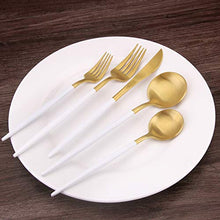 Load image into Gallery viewer, Matte Gold Silverware Set with white handle, Bysta 5-Piece Stainless Steel Flatware Set, Kitchen Utensil Set Service for 1, Tableware Cutlery Set for Home and Restaurant, Satin Finish, Dishwasher Safe
