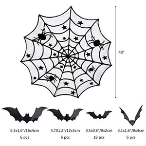 5pack Halloween Decorations Tablecloth Runner Black Lace Round Spider Cobweb Table Cover Fireplace Mantel Scarf Spiderweb Fireplace Scarf Spider Lampshade with 36pcs Scary 3D Bat for Halloween Party