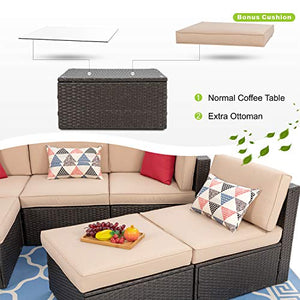 Vongrasig 6 Piece Small Patio Furniture Sets, Outdoor Sectional Sofa All Weather PE Wicker Patio Sofa Couch Garden Backyard Conversation Set with Glass Table,Beige Cushions and Red Pillows (Beige)