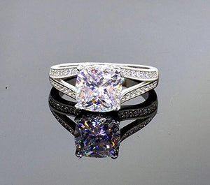 101 Facets 2 Carats Realistic Princess Cushion Cut NSCD Simulated Diamond Solitaire Split Shank Ring 925 Silver Platinum Plated RSPLIT50