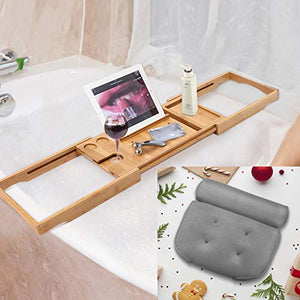 ESSORT Bath Tray and Bath Pillow Combo, Air Mesh Bathroom Cushion for Head, Neck, Shoulder Support, Bathtub Caddy Tray Adjustable Holder
