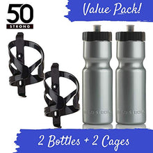 Load image into Gallery viewer, 50 Strong Bike Bottle Holder with Water Bottle - 2 Pack - 22 oz. BPA Free Bicycle Squeeze Bottle and Durable Plastic Holder Cage- Made in USA (Silver)
