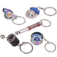 Load image into Gallery viewer, Febrytold 5 Pcs Car Parts Model Key Chains, Colorful Turbo Keychain, Black Manual Gearbox Keychain, Colorful Tire Rim Keychain, Blue Brake Rotor Keychain, Red Spring Shock-absorber Keychain
