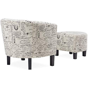 Belleze Accent Tub Chair Curved Back French Print Script Linen Fabric w/ Ottoman Modern Stylish Round Armrest, Beige