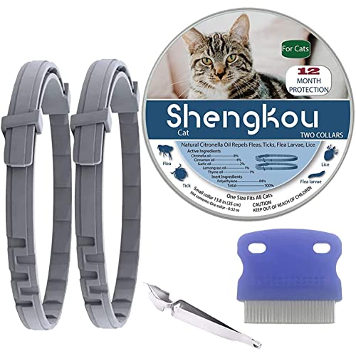 Flea and Tick Collar for Cat, Made with Natural Plant Based Essential Oil, Safe and Effective Repels Fleas and Ticks, Waterproof, 12 Months Protection, 13.8 in (2 Packs)
