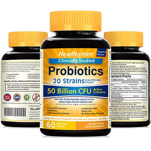 NewRhythm Probiotics 50 Billion CFU 20 Strains, 60 Veggie Capsules, Targeted Release Technology, Stomach Acid Resistant, No Need for Refrigeration, Non-GMO, Gluten Free