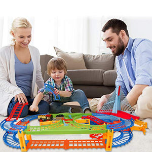 BeebeeRun Kids Car Race Track Set, Flexible Train Tracks for Toddlers with Musical Bridge and LED Electric Train Set, Car Track Toys for Boys and Girls