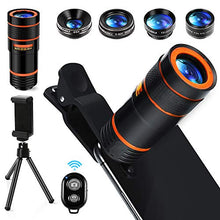 Load image into Gallery viewer, Cell Phone Camera Lens Kit,6 in 1 Universal +0.62x Wide Angle &amp;25x Macro +235°Fisheye +Phone Holder -Shutter Remote+Tripod for iPhone X/8/7/6/6s plus Samsung Android &amp; phone
