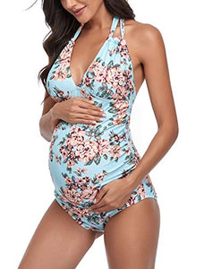 SUMMERSUNSHINE Maternity One Piece Halter Swimwear Pregnancy V-Neck Bathing Suit Maternity Beach Wear Bikini Blue L