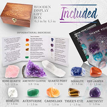 Load image into Gallery viewer, Crystalya Premium Grade Crystals and Healing Stones in Wooden Display Box - 7 Tumbled Chakra Gemstones, Amethyst Crystal, Rose Quartz, Quartz Crystal Point + Guide &amp; Instructions - Gift Kit
