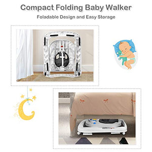 BABY JOY Baby Walker, 2 in 1 Foldable Activity Walk Behind Walker with Adjustable Height & Speed, Friction Control Functions, High Back Padded Seat, Music, Detachable Penguin Play Bar (Gray)