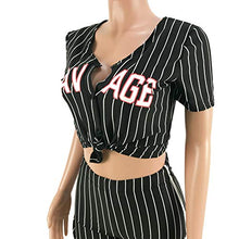Load image into Gallery viewer, Women’s 2 Piece Outfits – Letter Print Stripe Baseball Sweatsuits Short Sleeve Button Down Shirts Top + Shorts Set Tracksuit Black Medium
