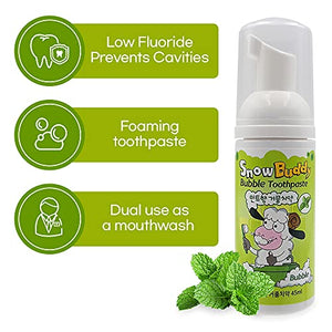 Snow Buddy Kids Bubble Toothpaste Foam with Mint Flavor, Anticavity Low Fluoride (452ppm) Foaming Toothpaste and Mouthwash for Dental Care 45ml (1.52 fl.oz)