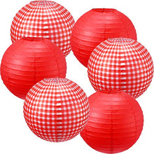 Load image into Gallery viewer, Blulu Picnic Party Decorations Paper Lanterns Round Hanging Lanterns Picnic Party Lanterns for Summer Barbecue Birthdays Holidays Picnic Party Supplies (White and Red Plaid, Pure Red, 6 Pieces)
