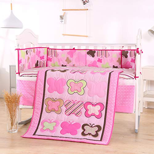 Wowelife Baby Pink Butterfly 7 Piece Baby Girl Bedding Crib Sets with Bumpers(Pink Butterfly)