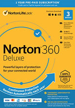 Load image into Gallery viewer, Norton 360 Deluxe – Antivirus software for 3 Devices with Auto Renewal - Includes VPN, PC Cloud Backup &amp; Dark Web Monitoring powered by LifeLock [Key Card]
