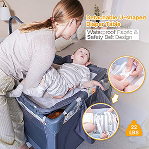 SKIH 5 in 1 Baby Bedside Sleeper, Baby Bassinet, Bedside Cribs with Toys & Music Box, Mattress, Foldable Baby Playard, Portable Travel Crib for Girl Boy Infant Newborn (Grey)