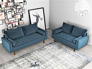 Container Furniture Direct Mid Century Modern Velvet Upholstered Button Tufted Living Room Sofa, 2 Piece Set, Prussian Blue